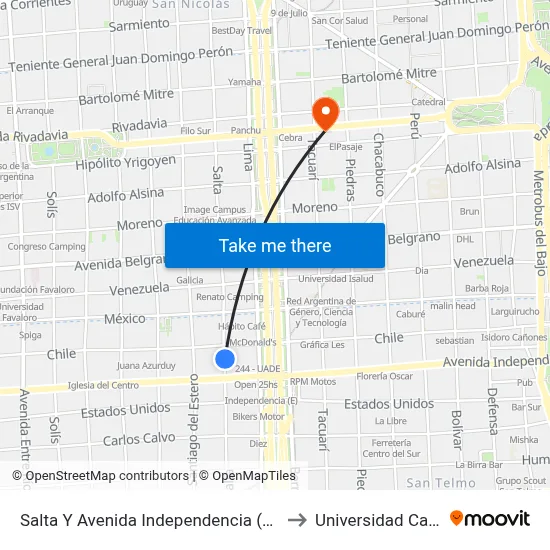 Salta Y Avenida Independencia (Uade) to Universidad Caece map
