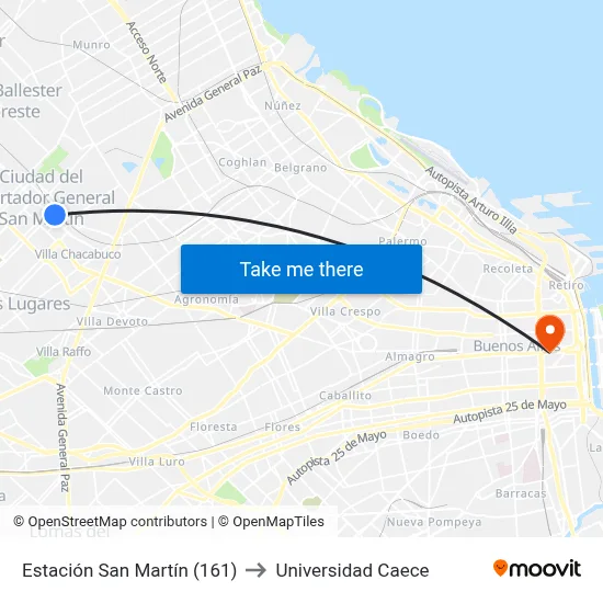 Estación San Martín (161) to Universidad Caece map