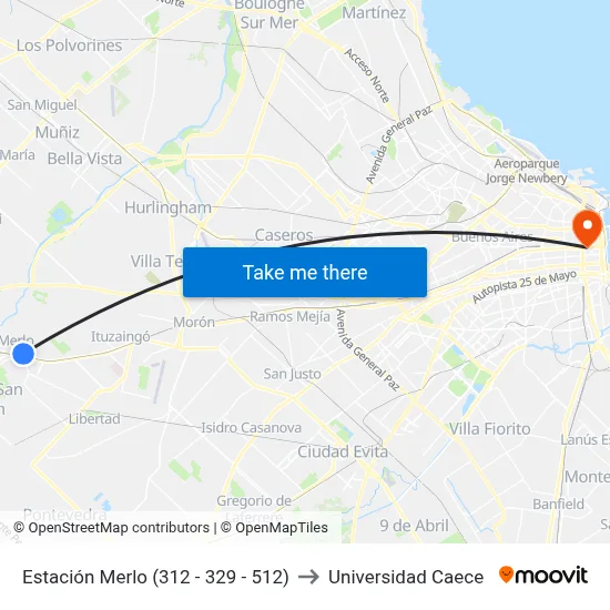 Estación Merlo (312 - 329 - 512) to Universidad Caece map