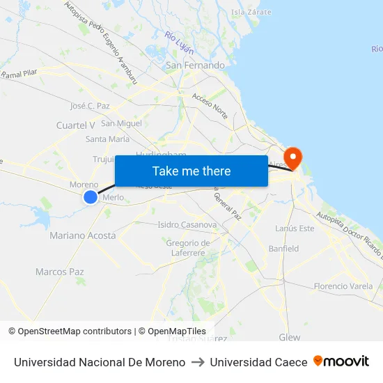 Universidad Nacional De Moreno to Universidad Caece map
