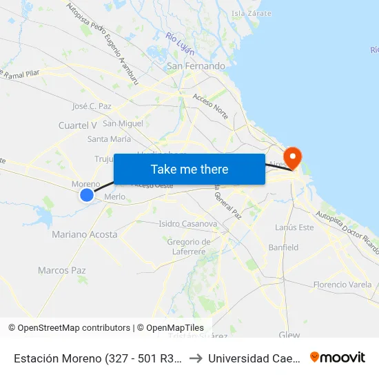 Estación Moreno (327 - 501 R36) to Universidad Caece map