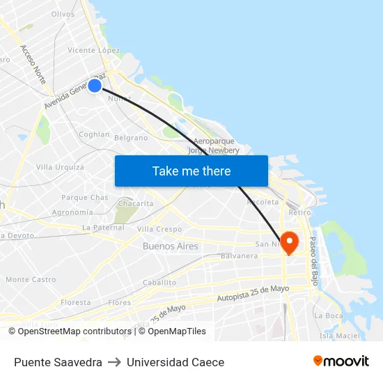 Puente Saavedra to Universidad Caece map