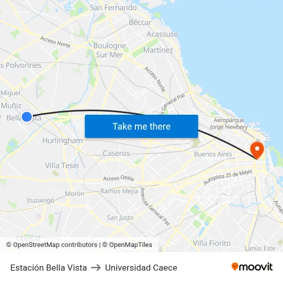 Estación Bella Vista to Universidad Caece map
