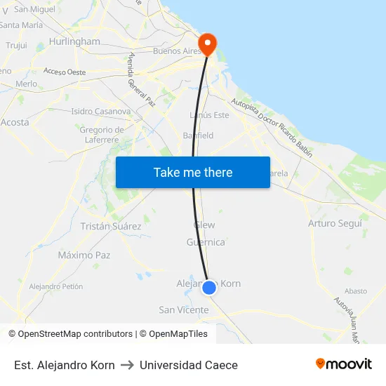 Est. Alejandro Korn to Universidad Caece map