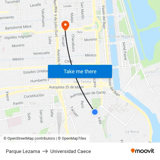 Parque Lezama to Universidad Caece map