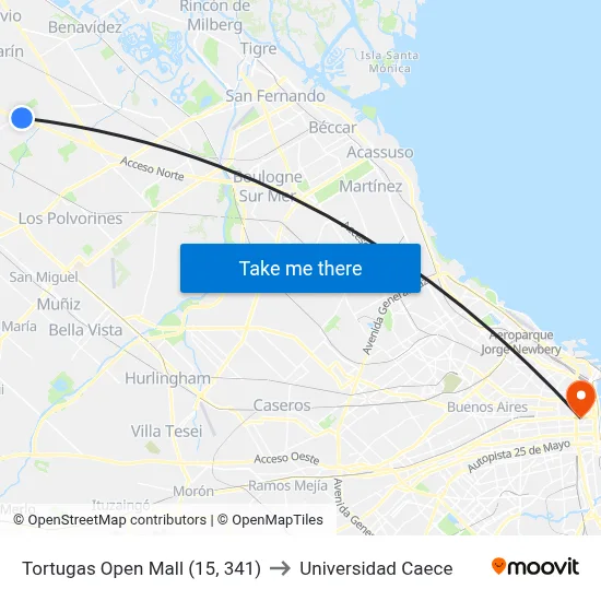 Tortugas Open Mall (15, 341) to Universidad Caece map
