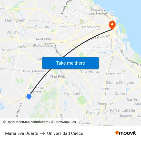 María Eva Duarte to Universidad Caece map