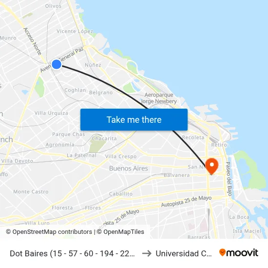 Dot Baires (15 - 57 - 60 - 194 - 228 - 365) to Universidad Caece map