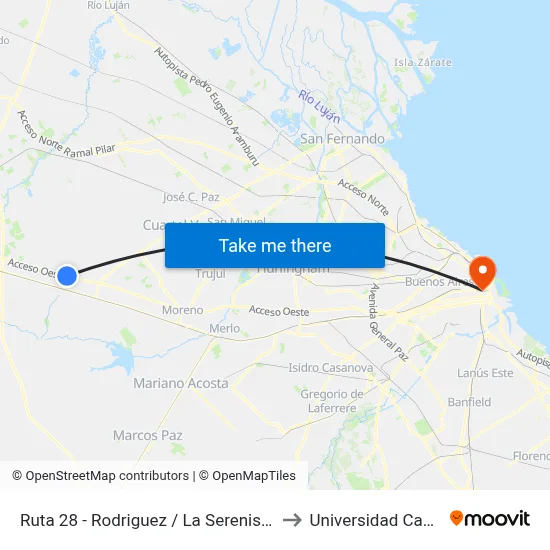 Ruta 28 - Rodriguez / La Serenisima to Universidad Caece map
