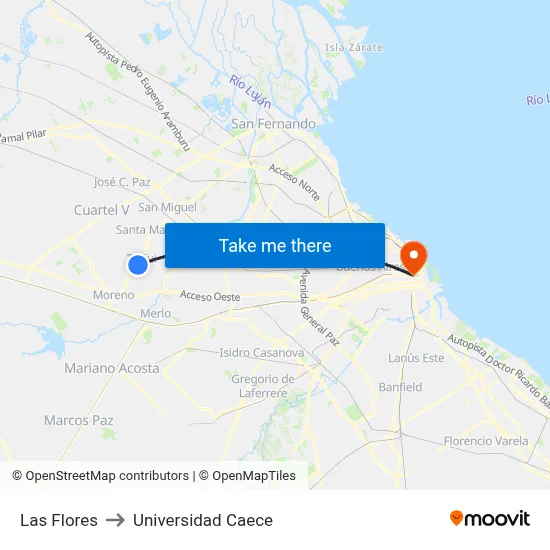 Las Flores to Universidad Caece map