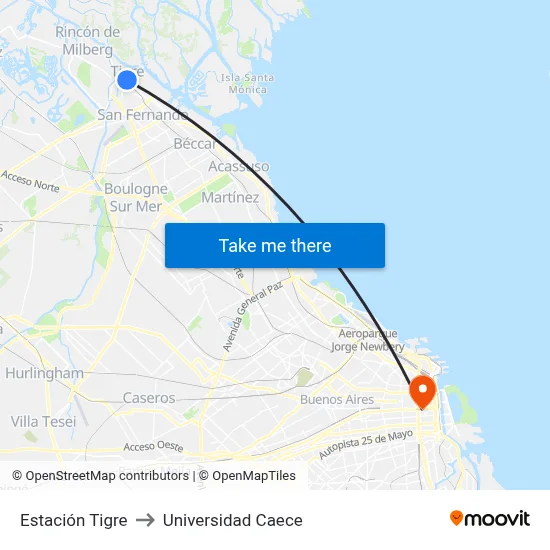 Estación Tigre to Universidad Caece map