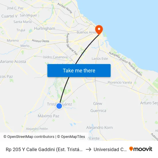 Rp 205 Y Calle Gaddini (Est. Tristán Suárez) to Universidad Caece map
