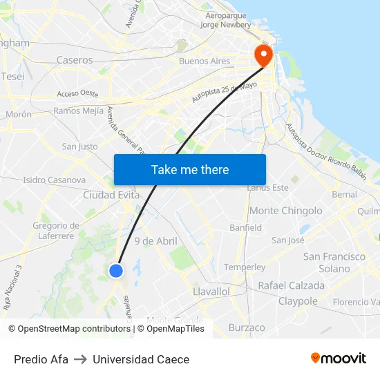 Predio Afa to Universidad Caece map
