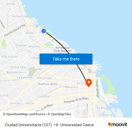 Ciudad Universitaria (107) to Universidad Caece map