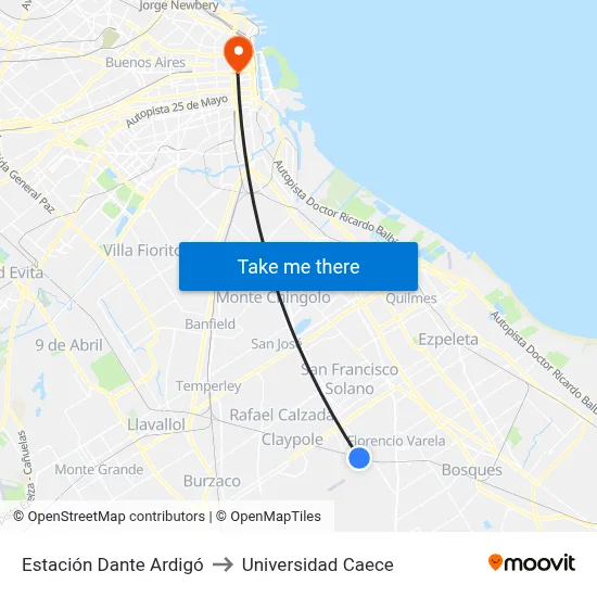 Estación Dante Ardigó to Universidad Caece map