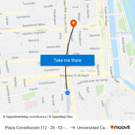 Plaza Constitución (12 - 28 - 53 - 102) to Universidad Caece map
