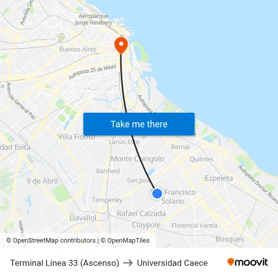 Terminal Línea 33 (Ascenso) to Universidad Caece map