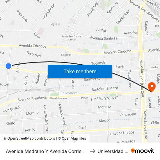 Avenida Medrano Y Avenida Corrientes (26 - 151) to Universidad Caece map