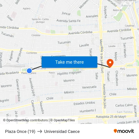Plaza Once (19) to Universidad Caece map