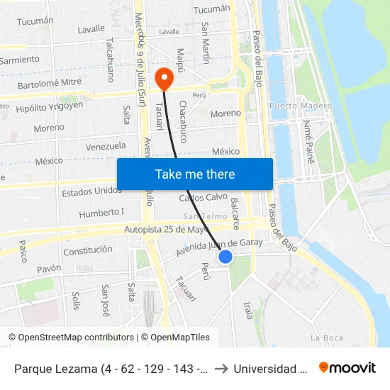 Parque Lezama (4 - 62 - 129 - 143 - 195 - 197) to Universidad Caece map