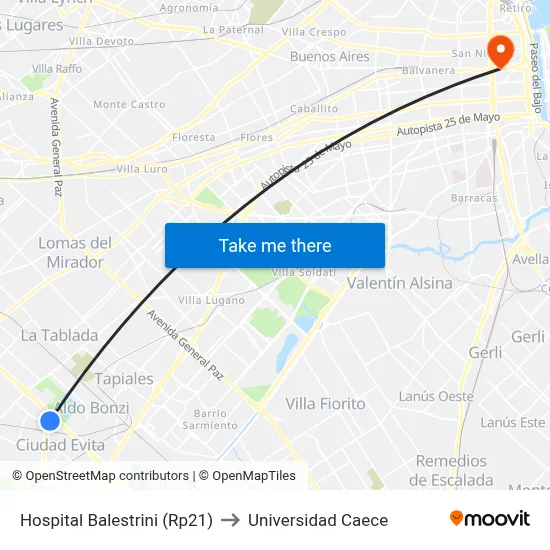 Hospital Balestrini (Rp21) to Universidad Caece map