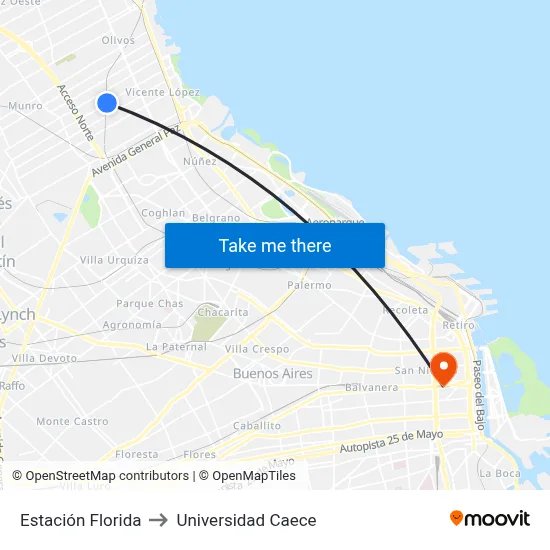 Estación Florida to Universidad Caece map