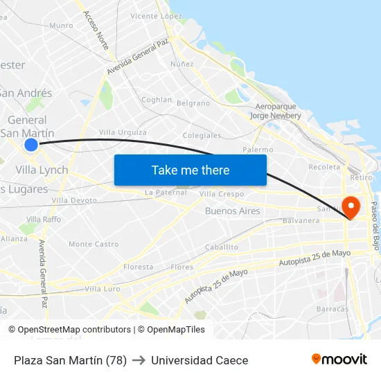 Plaza San Martín (78) to Universidad Caece map