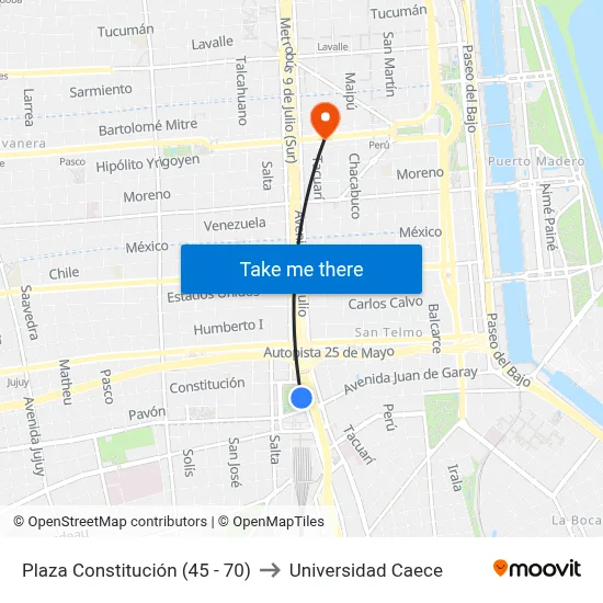Plaza Constitución (45 - 70) to Universidad Caece map