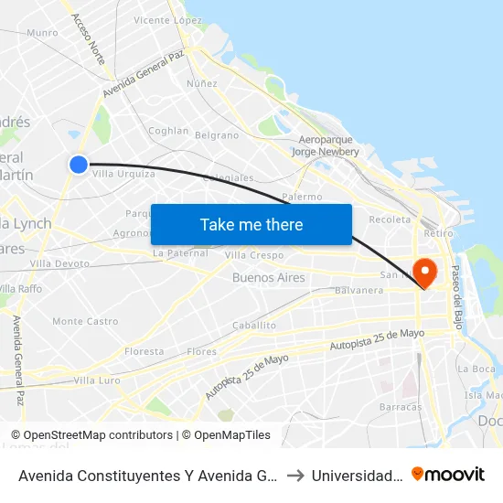Avenida Constituyentes Y Avenida General Paz (127) to Universidad Caece map