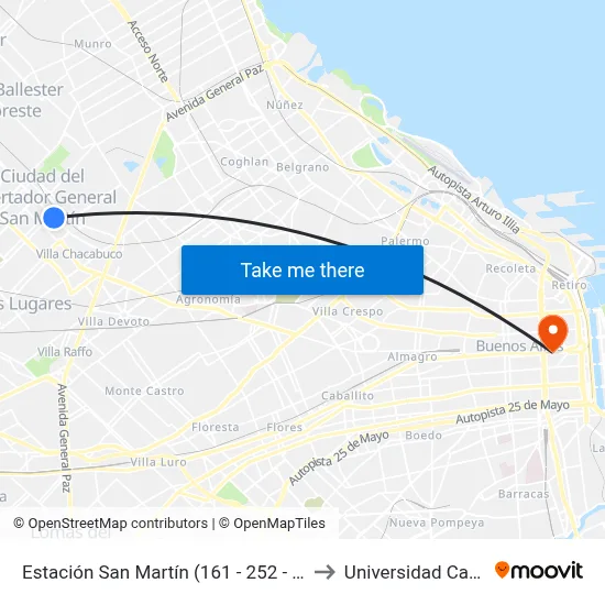 Estación San Martín (161 - 252 - 343) to Universidad Caece map