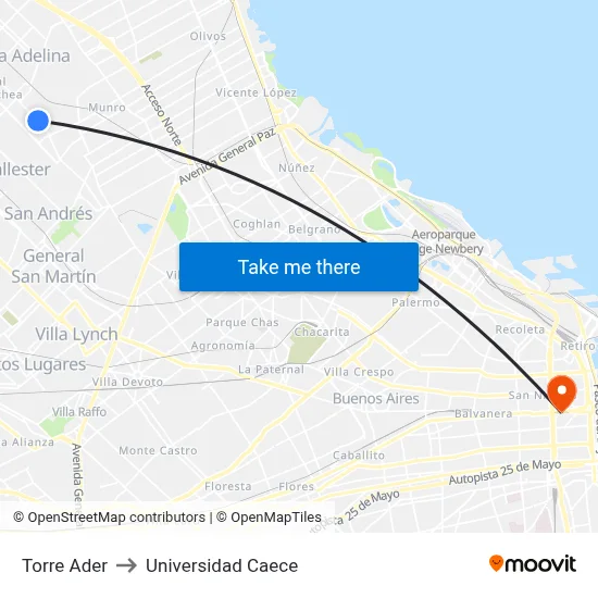 Torre Ader to Universidad Caece map