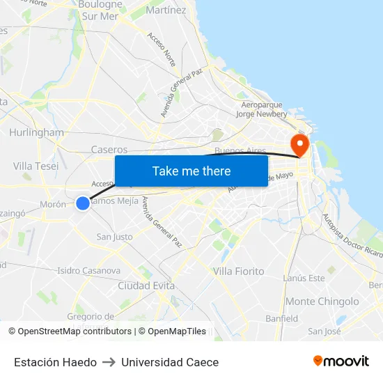 Estación Haedo to Universidad Caece map