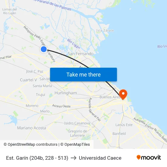 Est. Garín (204b, 228 - 513) to Universidad Caece map