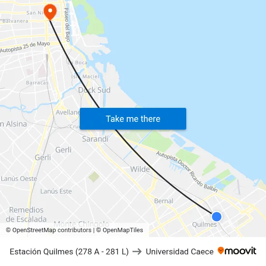 Estación Quilmes (278 A - 281 L) to Universidad Caece map