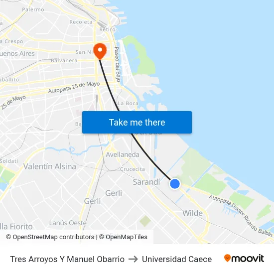 Tres Arroyos Y Manuel Obarrio to Universidad Caece map