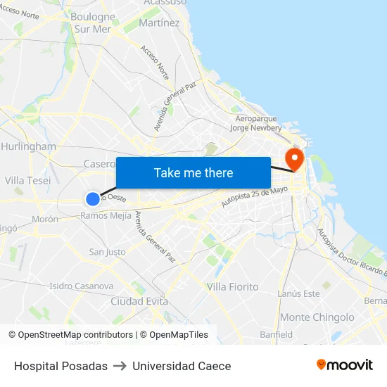 Hospital Posadas to Universidad Caece map