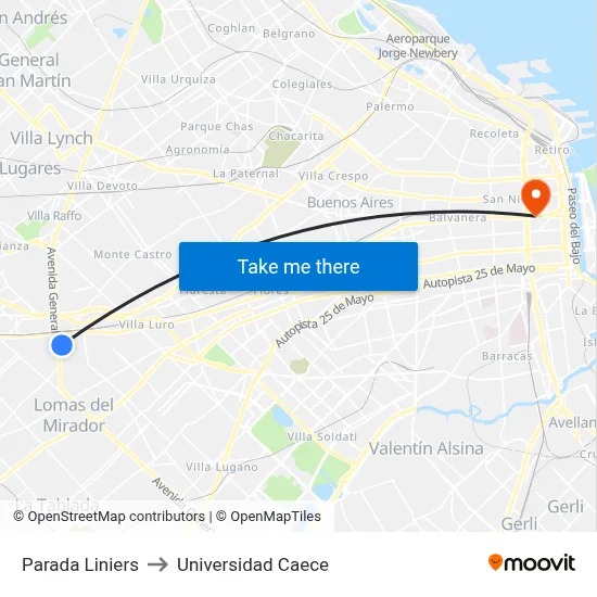 Parada Liniers to Universidad Caece map