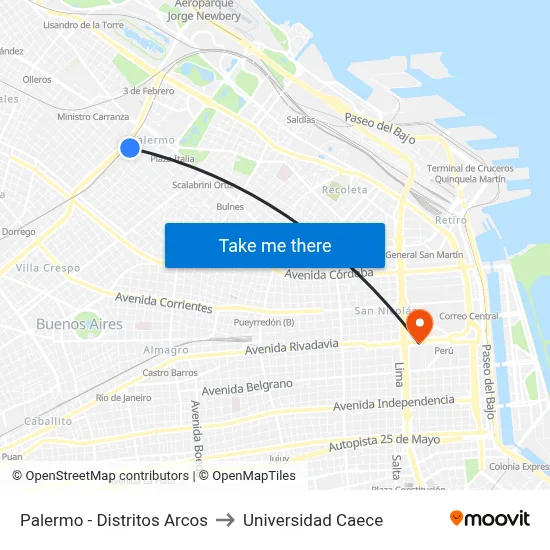 Palermo - Distritos Arcos to Universidad Caece map