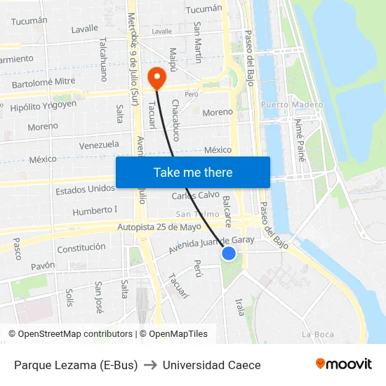 Parque Lezama (E-Bus) to Universidad Caece map