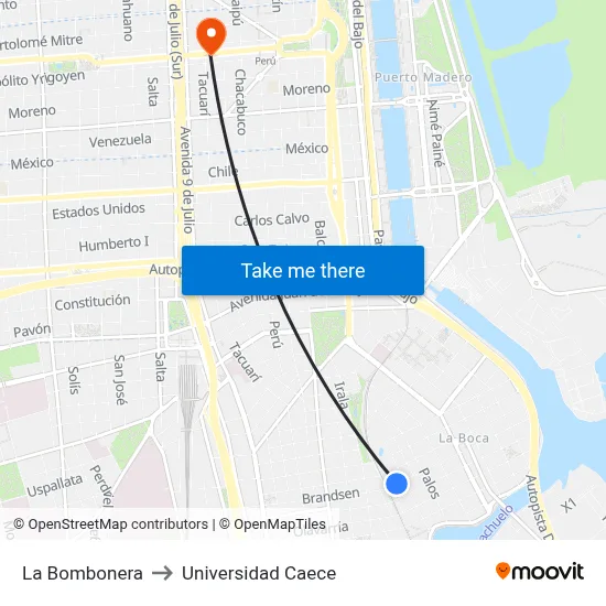 La Bombonera to Universidad Caece map