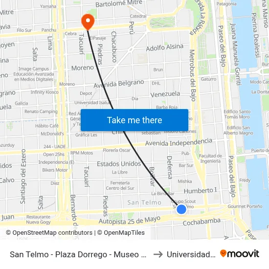 San Telmo - Plaza Dorrego - Museo De Arte Moderno to Universidad Caece map