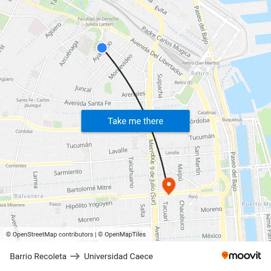 Barrio Recoleta to Universidad Caece map