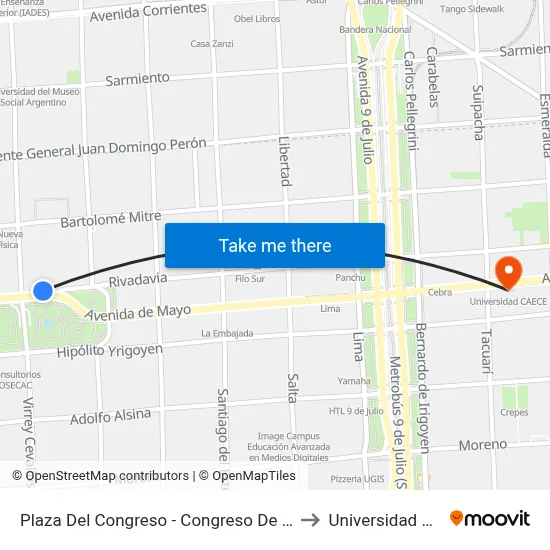 Plaza Del Congreso - Congreso De La Nación to Universidad Caece map