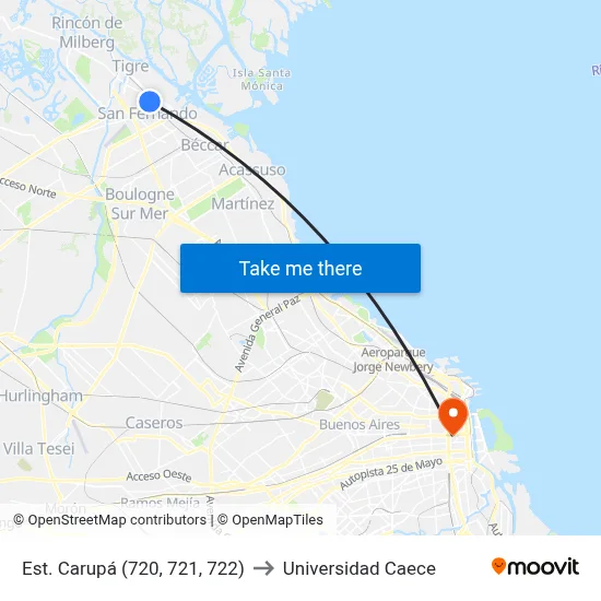 Est. Carupá (720, 721, 722) to Universidad Caece map