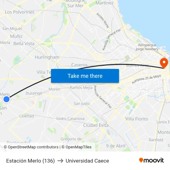 Estación Merlo (136) to Universidad Caece map