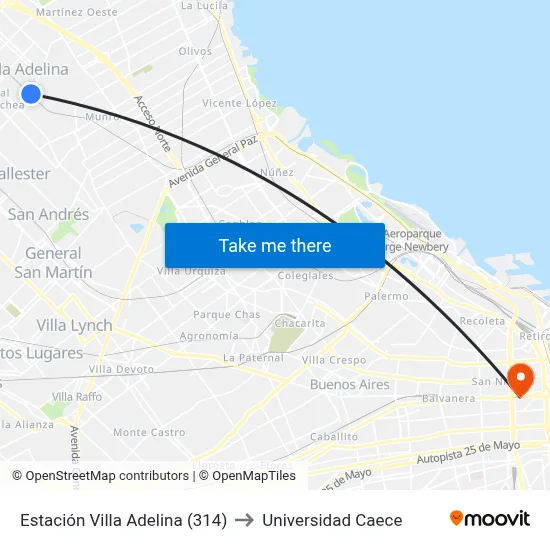 Estación Villa Adelina (314) to Universidad Caece map