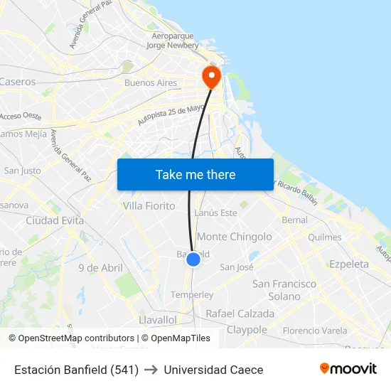 Estación Banfield (541) to Universidad Caece map