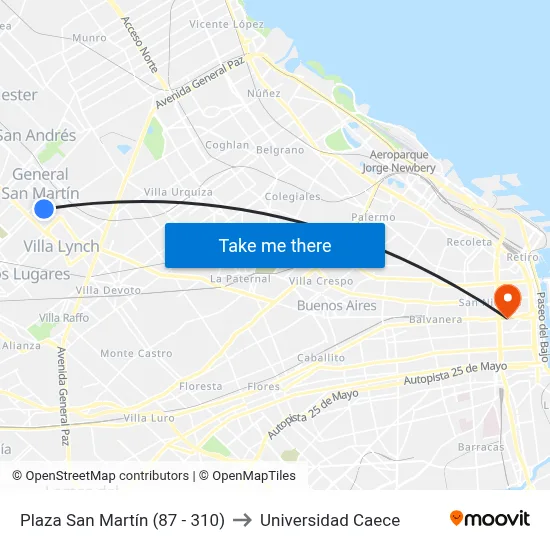 Plaza San Martín (87 - 310) to Universidad Caece map