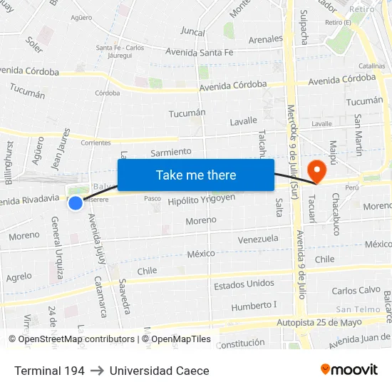 Terminal 194 to Universidad Caece map
