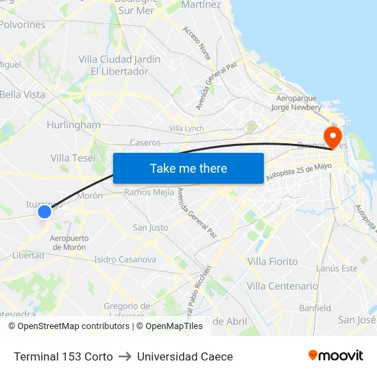 Terminal 153 Corto to Universidad Caece map
